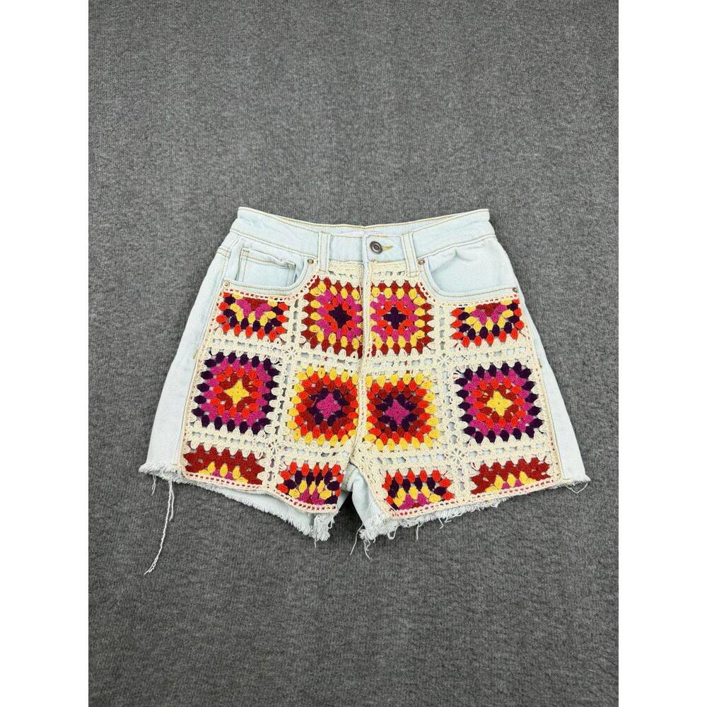 SO Crochet Granny‎ Square Denim Shorts Boho Festival Y2K Size 0/24